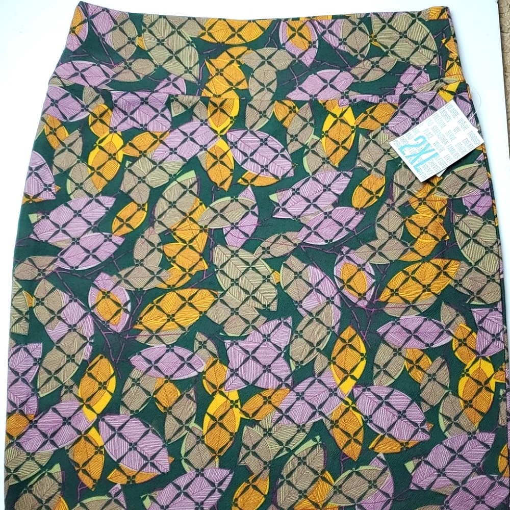 NWT LuLaRoe Cassie Pencil Skirt 2XL Green Purple Yellow Retro Leaf Geometric